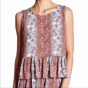 Lush Sleeveless Blouse Orange and Blue Floral V Back Peplum Cropped
